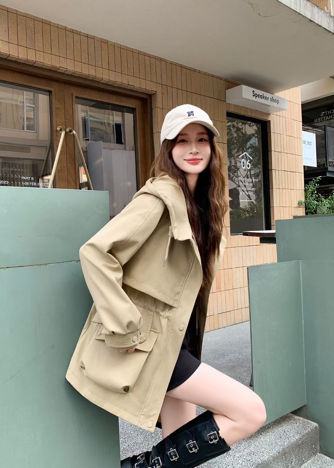 韩版宽松休闲连帽中长款工装风衣2024秋收腰显瘦百搭小个子外套