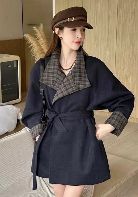 格子撞色风衣外套女欧洲站2024年秋季新款韩版腰带显瘦中长款上衣